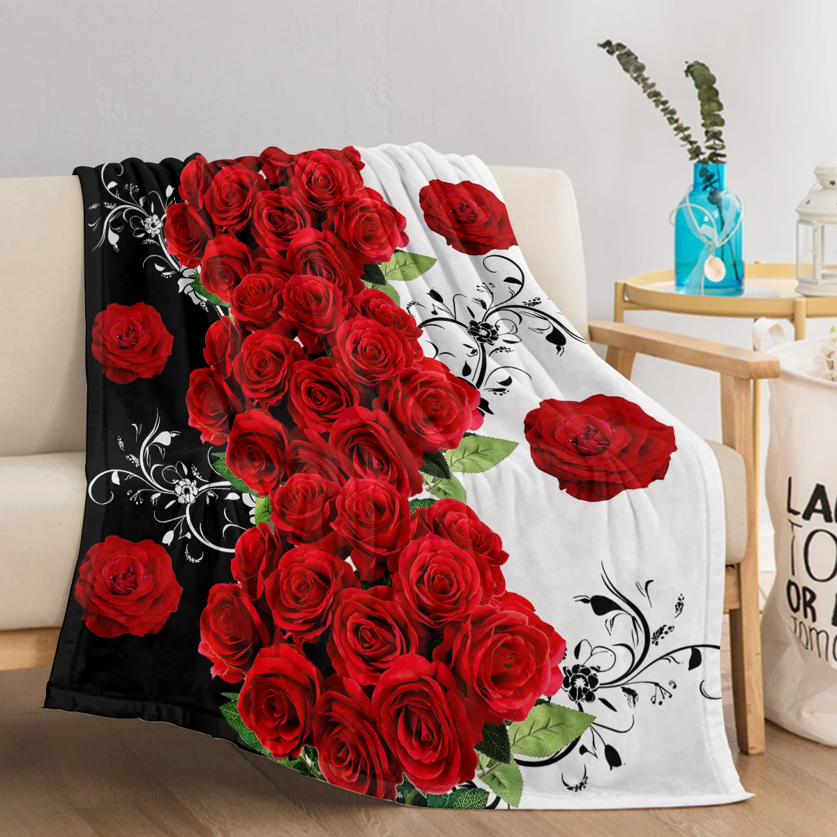 3D Red Roses Floral Blanket Black White Splice Pattern Warm Cozy Soft Throw Blanket for All Season for Couch Sofa Bed