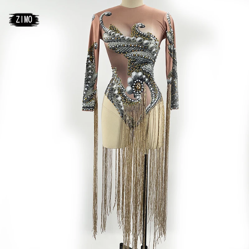 

fashion print long Fringe Bodysuit Women sexy Dancer Show Leotard Celebrate Outfit Prom Bar Birthday party DS nightclub Costume