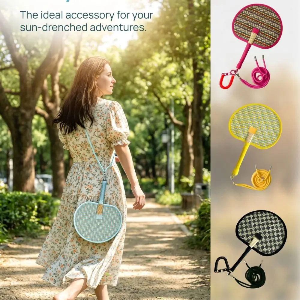 Vibrant Colors Handwoven Fan Round with Elastic Lanyard Hand Cranked Fan with Adjustable Rope Handmade Summer Cooling Fan Beach