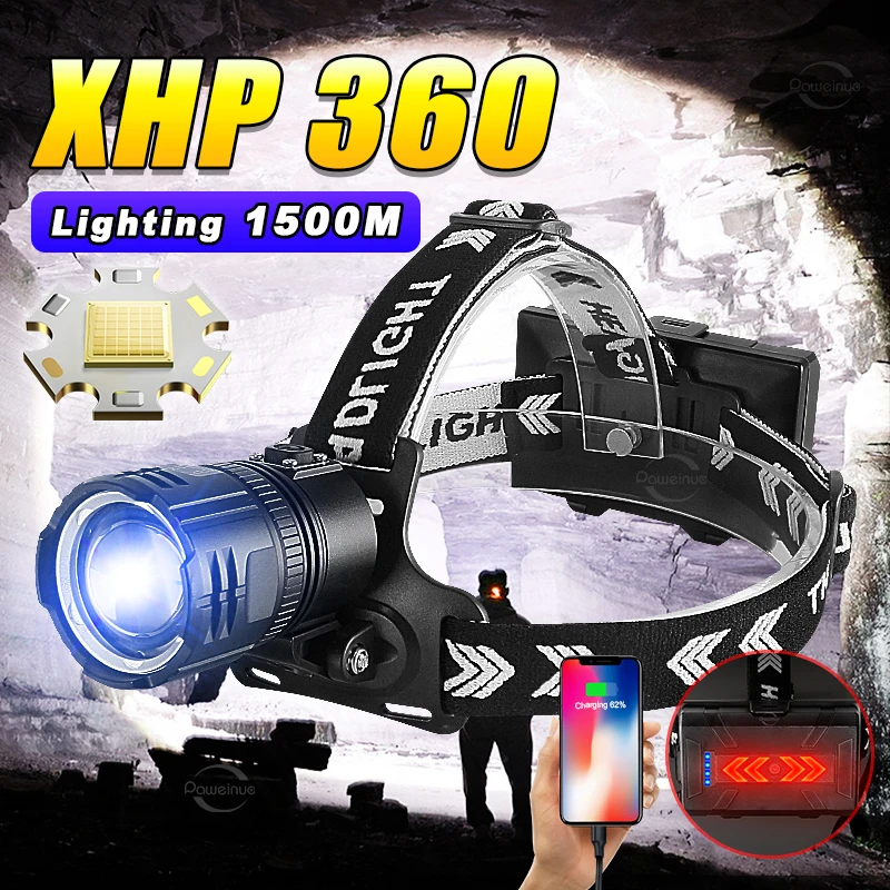 2024 XHP360 Super mocna latarka czołowa LED 36 rdzeni 18650 reflektor ładowany na USB wysokiej mocy Camping wędkarstwo wodoodporna lampa czołowa