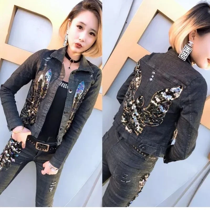 Fashion Denim Jacket Suit Female 2022 Autumn New White Jeans Elastic Sequined Flower Coat +Jeans 2 Piece SetTide High Quality