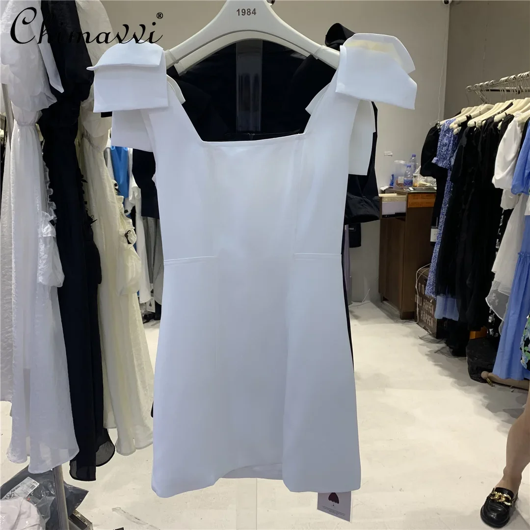 Female Sweet Fashion 2022 Summer New Elegant Square Collar Solid Color Dress Women's All-match Sleeveless Slim Bow Strap Dress