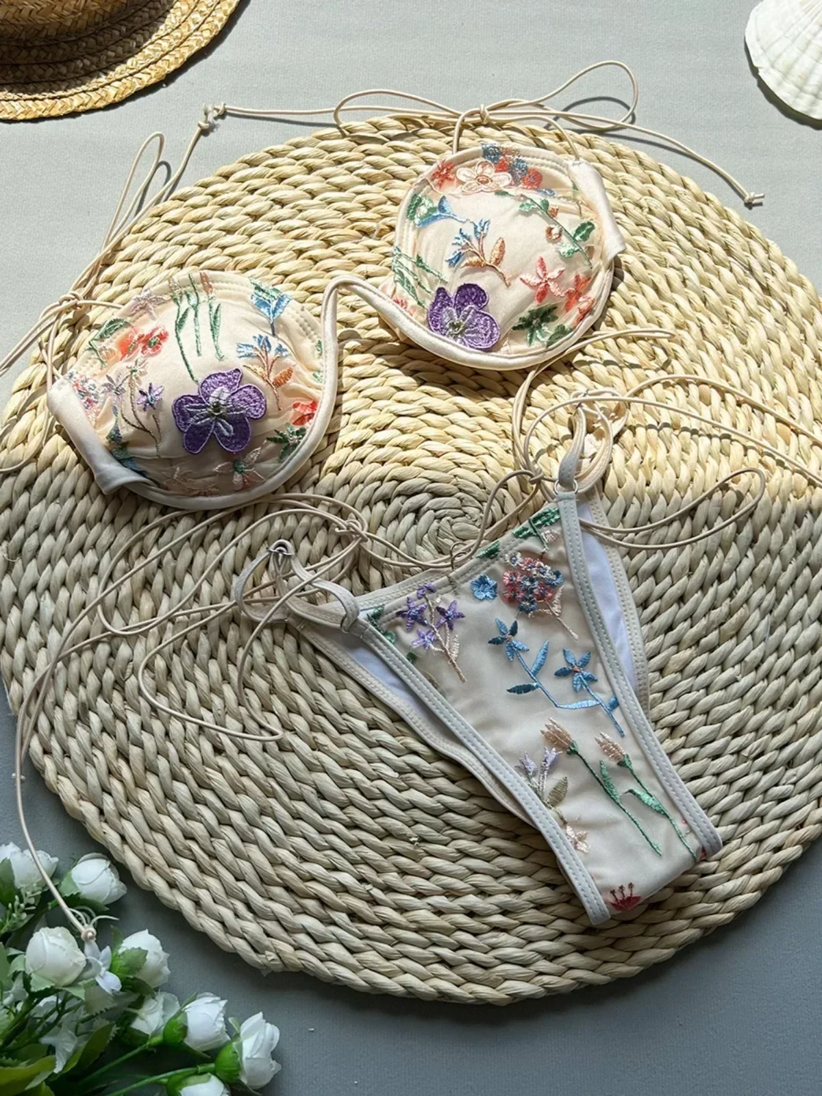 

Sexy Pink Flower Embroidery Print Swimsuit Women 2025 Sexy Underwire Drawstring Bikini Set Summer Beach Bathing Suit Swimwear