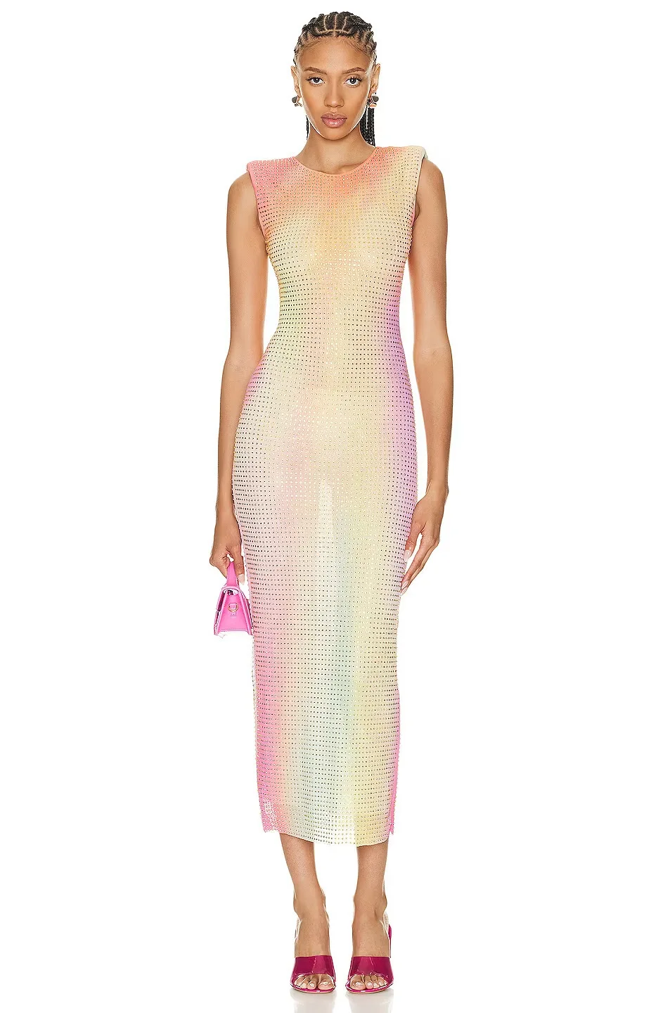 

2025 Women Celebrity Sexy Sleeveless O Neck Beading Gradient Bodycon Dress Elegant Evening Club Party Outfit