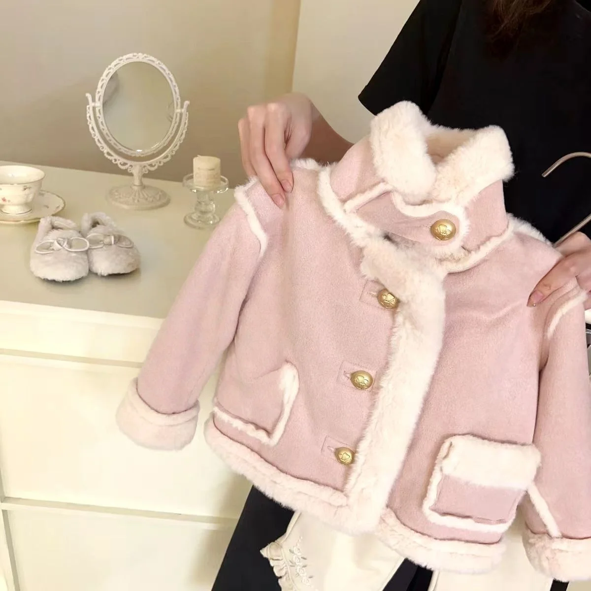 

Princess Girls Winter Coat 2-7Y Faux Shearling Fleece-Lined Toddler Jacket Warm Thickened Kids Outerwear with Fur Trim