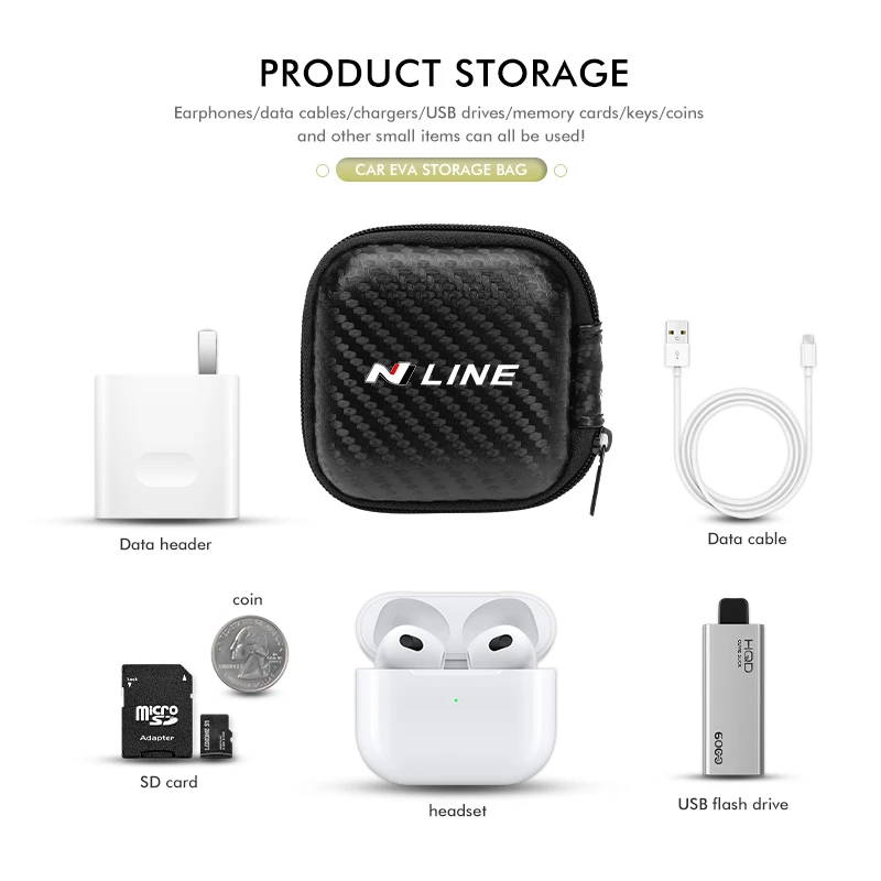 Car Logo Wate-proof Anti-drop Headphone Data Cable Storage Bag For Hyundai N LINE i30 i20 Sonata Accent Tucson Elantra Azera view 4