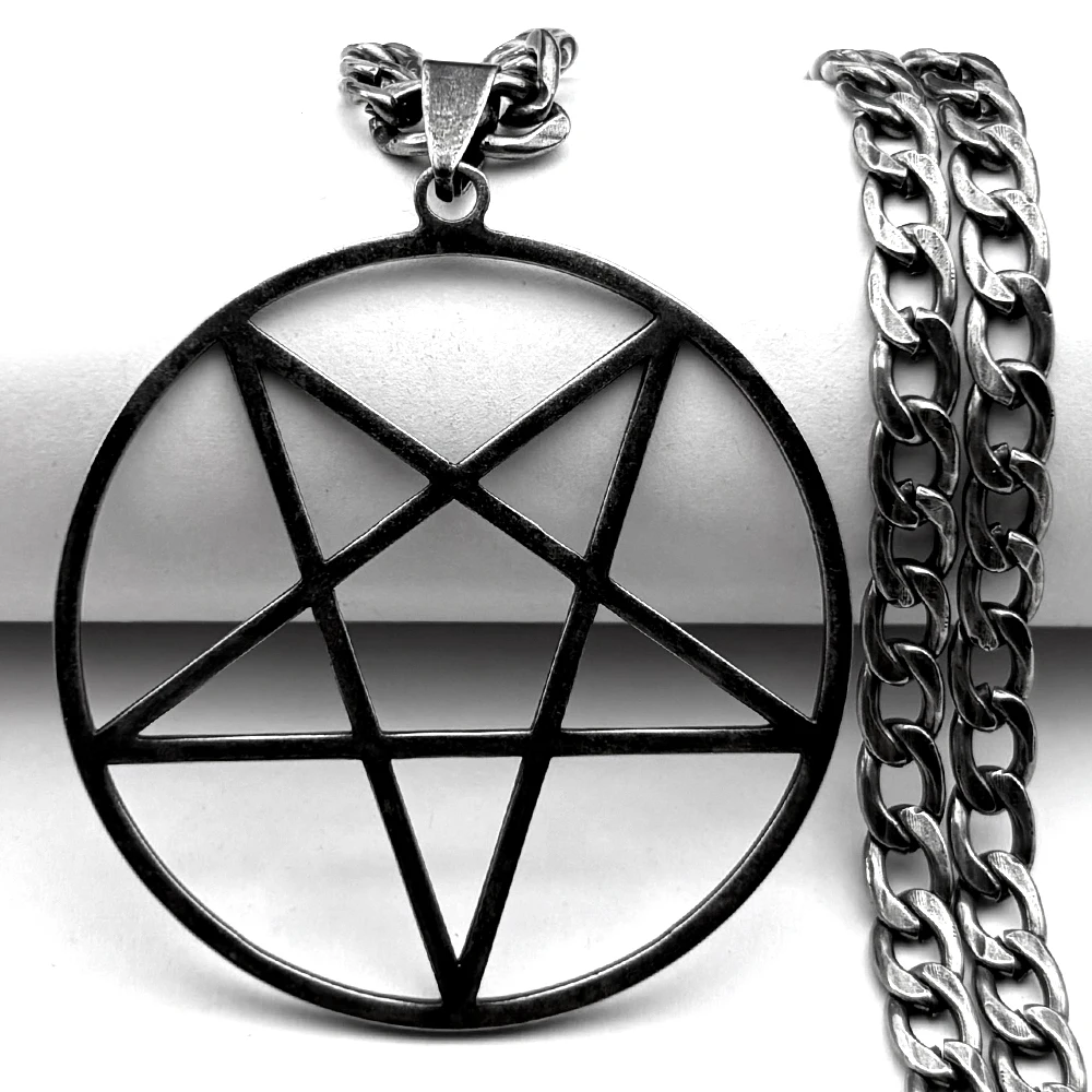 Gothic Hexerei Satan Pentagramm Edelstahl Kette Halskette für Frauen Männer Schwarz Farbe Charme Große Anhänger Halskette Schmuck – Detail 6