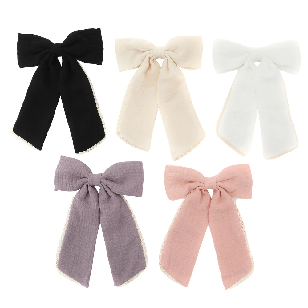 A11 001C Cotton Crepe Eyelet Lace Ribbon Hairband Girls Band With Tail babyclip Hair Accessories Scruchies