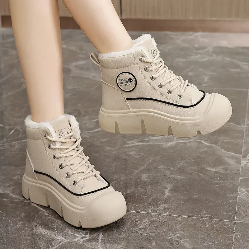 Sepatu High-top wanita antiair, sepatu sneaker Platform kualitas tinggi, sepatu katun sol tebal, Velvet, sederhana, hangat, anti air, musim dingin, 2024