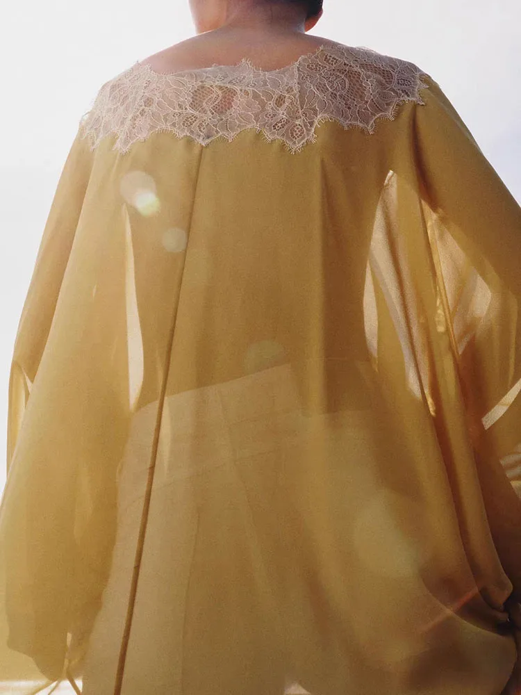 Spring New Arrival Women's Loose Long Sleeve V-Neck Lace Shirt Transparent Asymmetrical Splicing Elegant Chinese Style Top