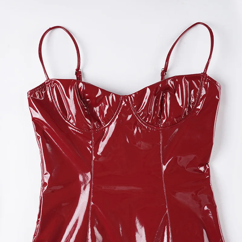 DSMTRC femme en cuir Pu sans bretelles sans manches Sexy mode Mini robe rouge dos nu maigre pêche hanche fête de noël robe moulante