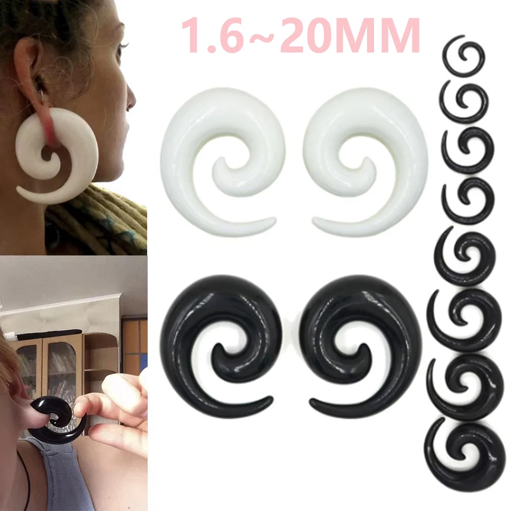 1Pair Acrylic Snail Ear Gauges Black & White Spiral-Design Ear Plugs Tunnel Expansion 1.2MM-20MM Expander Body Piercing Jewelry