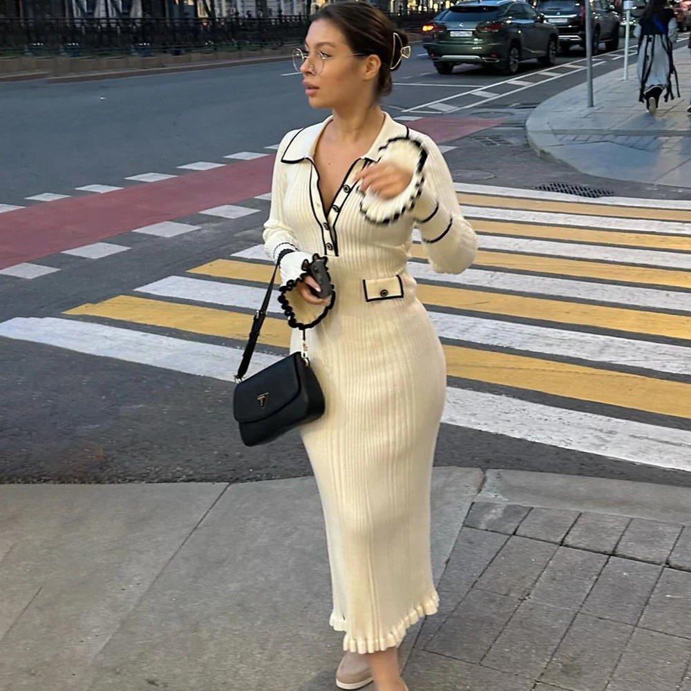 Talenza Knitted Ruffle Lapel Dress Women\'s Elegant Long Sleeve Vintage Dress Fashion Contrast Pocket High Waist Knitted Dress