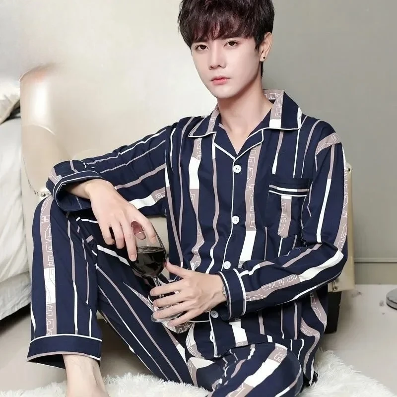 Plaid Men Pyjamas Fall and Winter Imitation Cotton Long Sleeve Plus Size Striped Cardigan Top Trousers Sleepwear Homewear