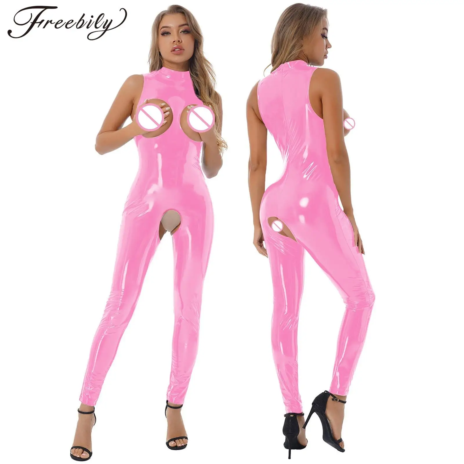 Women Sexy Crotchless Exposed Nipple Bodysuit Wet Look Patent Leather Open Cups Jumpsuit Rave Pole Dancing Clubwear Nightwear