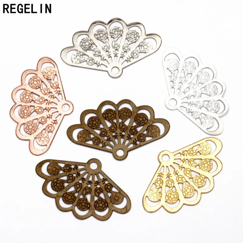 REGELIN 20pcs/lot Vintage Style 6 Colors Copper Fan Shape Filigree Hollow Charms Jewelry accessories DIY Components 14*23mm