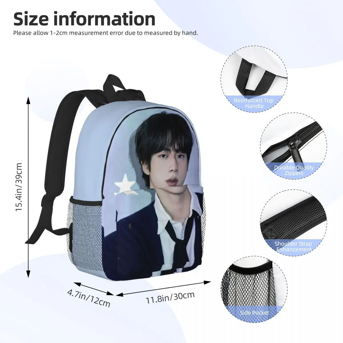 Popular-KPOP-Like-RM Novo padrão elegante bolsa escolar estampada mochila leve de 15 polegadas