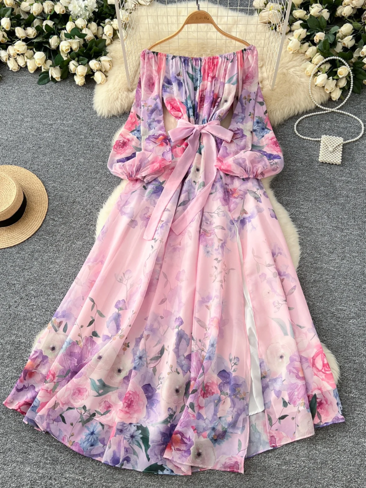 Spring Break Sle หนึ่งไหล่ผูกเอวโคมไฟ Sve พิมพ์ชีฟองยาว Dr เอวสูง A-Line เวอร์ชั่นเกาหลีเดินทาง