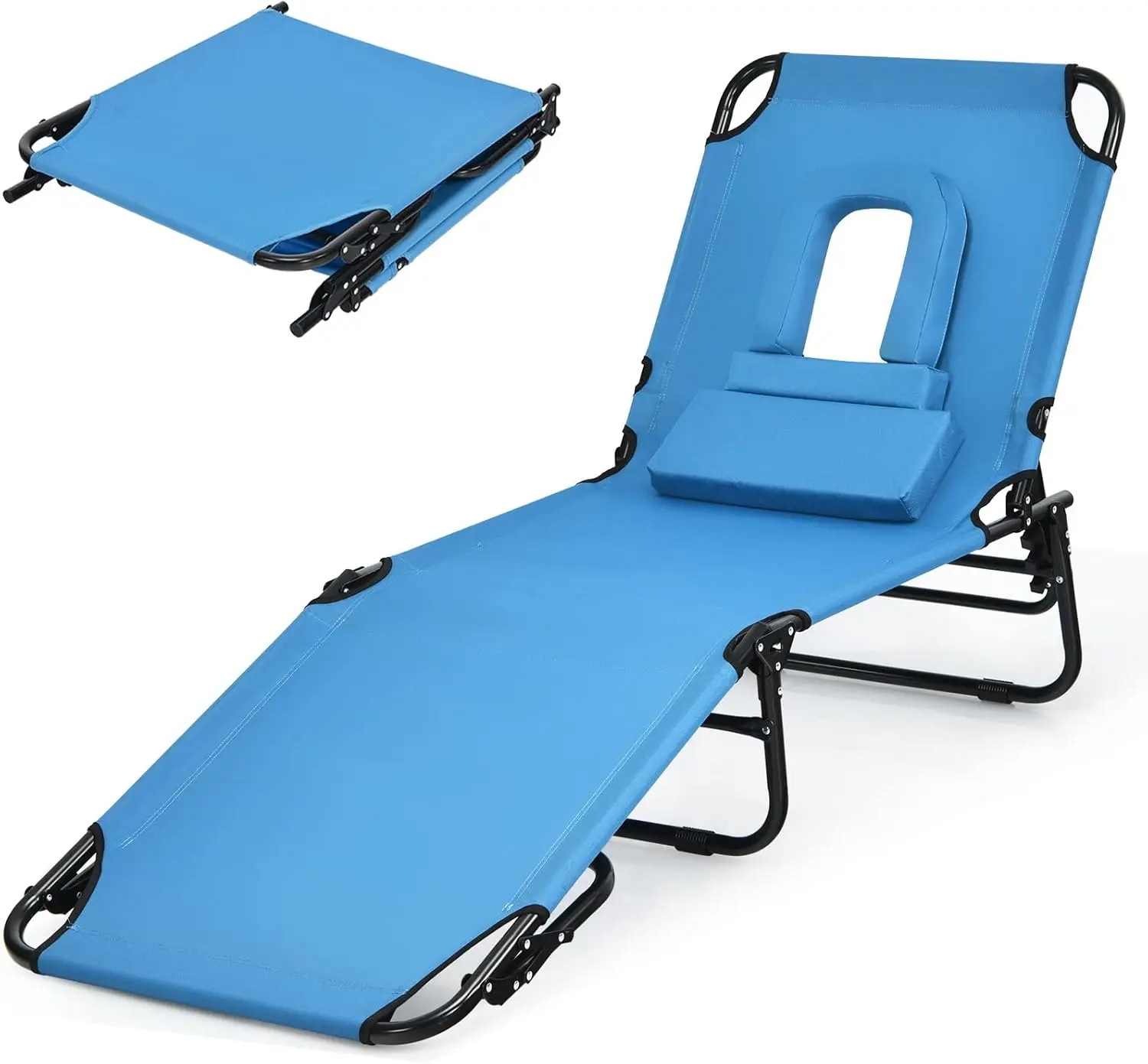 Folding Beach Lounge Chair W/ 5 Adjutable Backrest & Padded Pillow, Sunbathing Lounger Chair, Sun Tanning Lay Flat Chair For