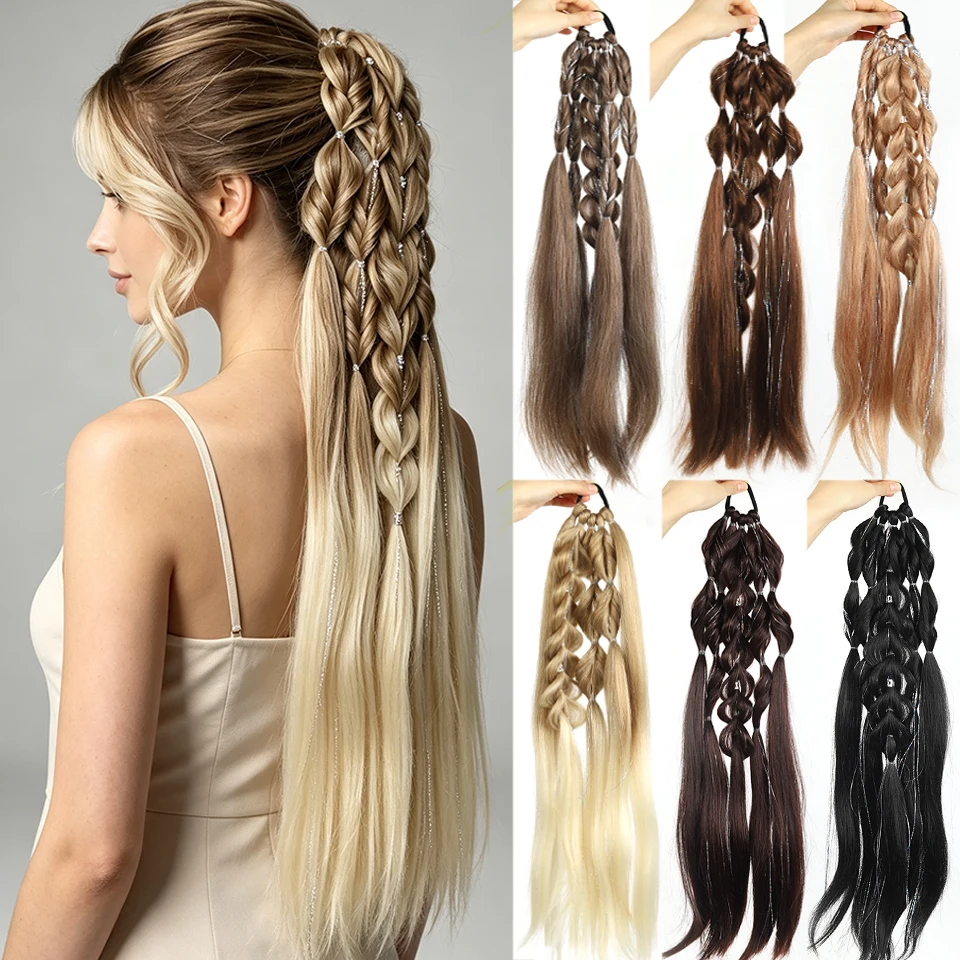 Synthetic 24 inch lantern bubble braid rubber band with silver thread braided ponytail suitable for women's daily party use