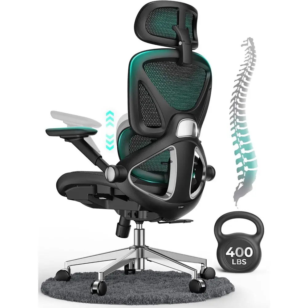 Ergonomic Mesh Oice Chair, Adjustable Lumbar High Back Desk Chair 400lbs, 4D lip-up Arms, 3-Level Backrest, 3D rest, PU Wheels,