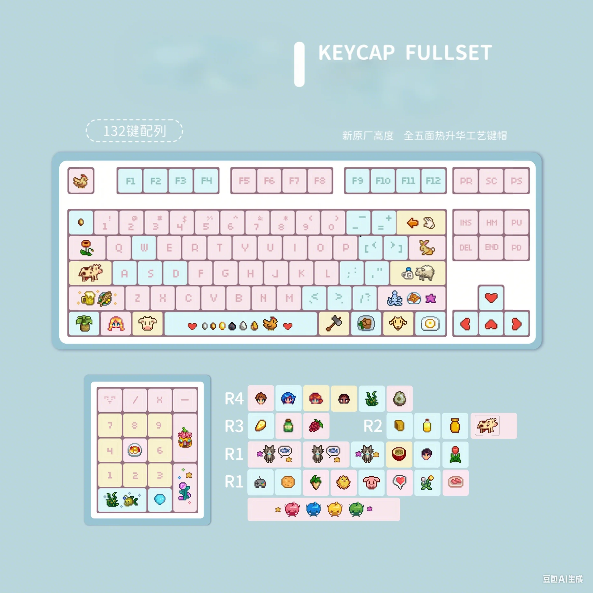 

Pixel-Style Keycaps with A Personalized Theme, Five-Sided Thermal Sublimation Customized Pbt Mechanical Keyboard Keycaps