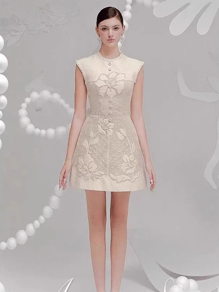 Elegant เย็บปักถักร้อย Splicing ชุดเดรสสายฤดูใบไม้ผลิผู้หญิงแขนกุด O คอชุดมินิฤดูร้อนเอวสูงซิปหลวมชุดสั้น