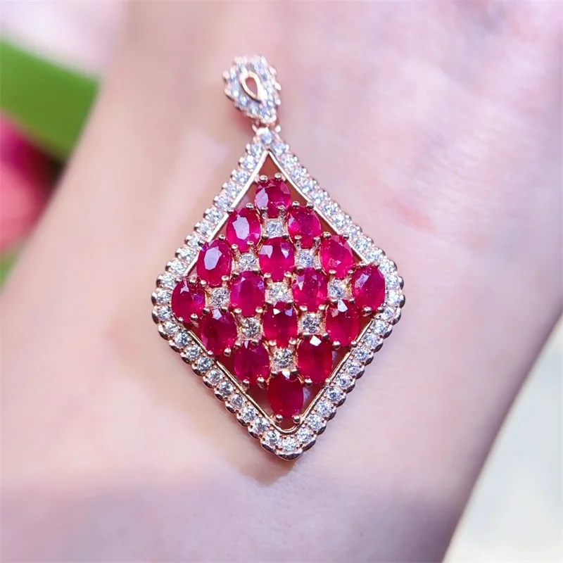 100% Natural Ruby 3x4mm 16pcs Stone Jewelry Necklace Pendant 925 Silver Jewelry with 3 Layers 18K Gold Plating