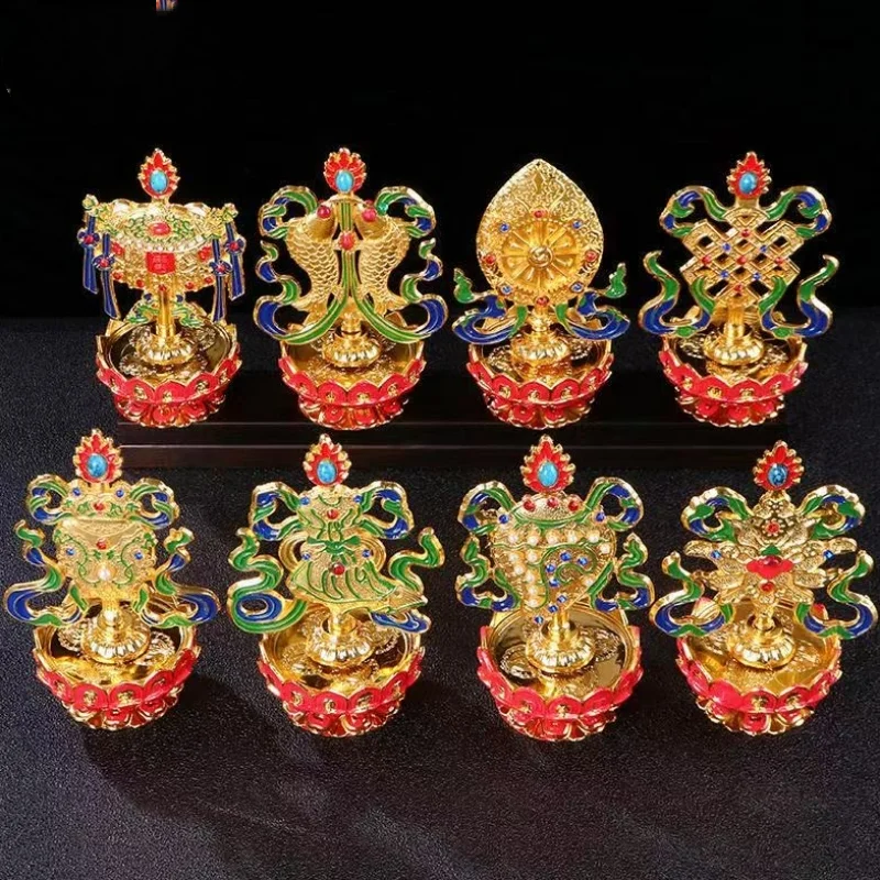 1set-tibetan-eight-auspicious-symbols-alloy-ornament-painted-enamel-tantric-altar-desktop-buddhist-worship-decor