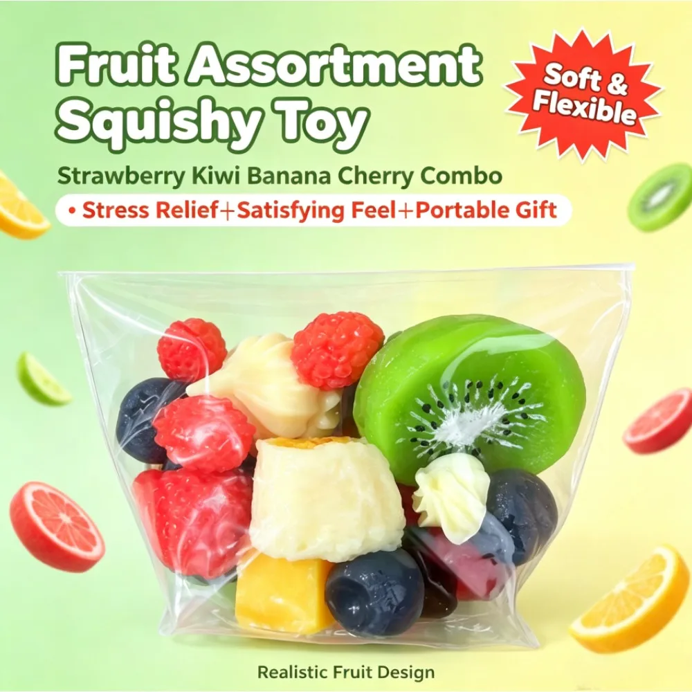 Bagged Realistic Fruit Squishy Toys Strawberry Kiwi Banana Cherry Soft Pressure Resistant Sensory Fidget Stress Relief Gift