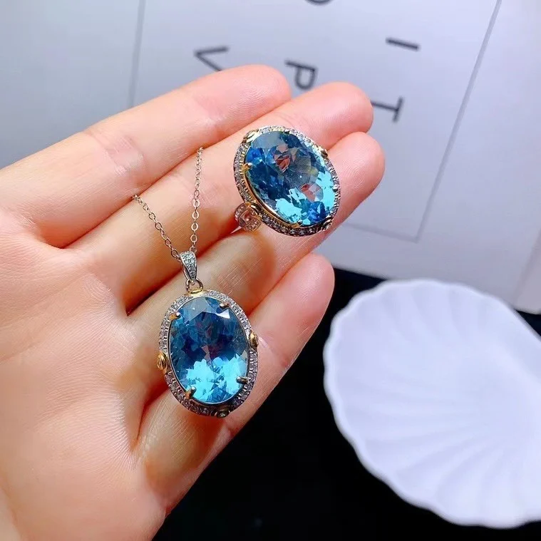 S925 Silver Topaz Ring Pendant Necklace Set, Luxury Vintage Fine Jewelry Collection, Elegant Blue Gift