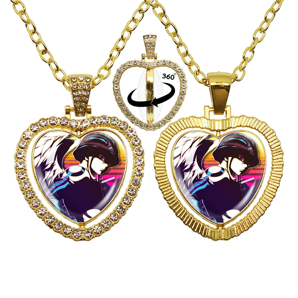 Cartoon Anime Hunter X Hunter Glass Cabochon 360 Degree Rotating Heart Shaped Pendant With Double-Sided Necklace For Gift