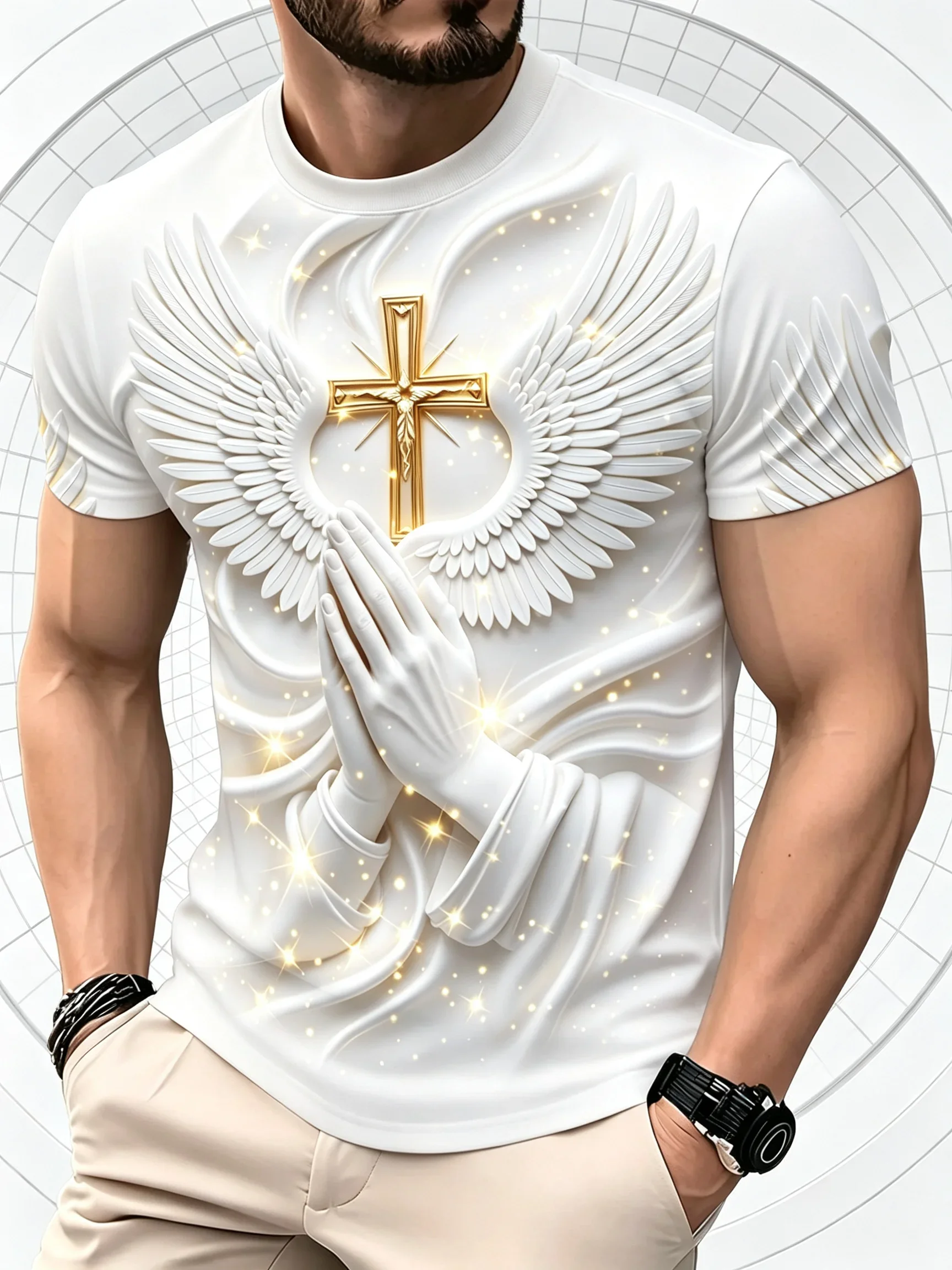 Men 3D Jesus Cross Angel Wings Printed T Shirt Summer Casual Short Sleeve Pray Hands Graphic Tees Vintage Streetwear Tops