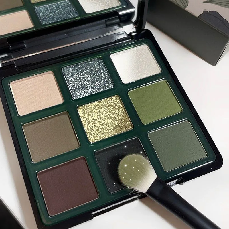 Smoked Eye Design With Olive Green And Pearl Sequins 9 Color Band Mirror Eye Shadow Palette Olive Green Eye Shadow Palette New