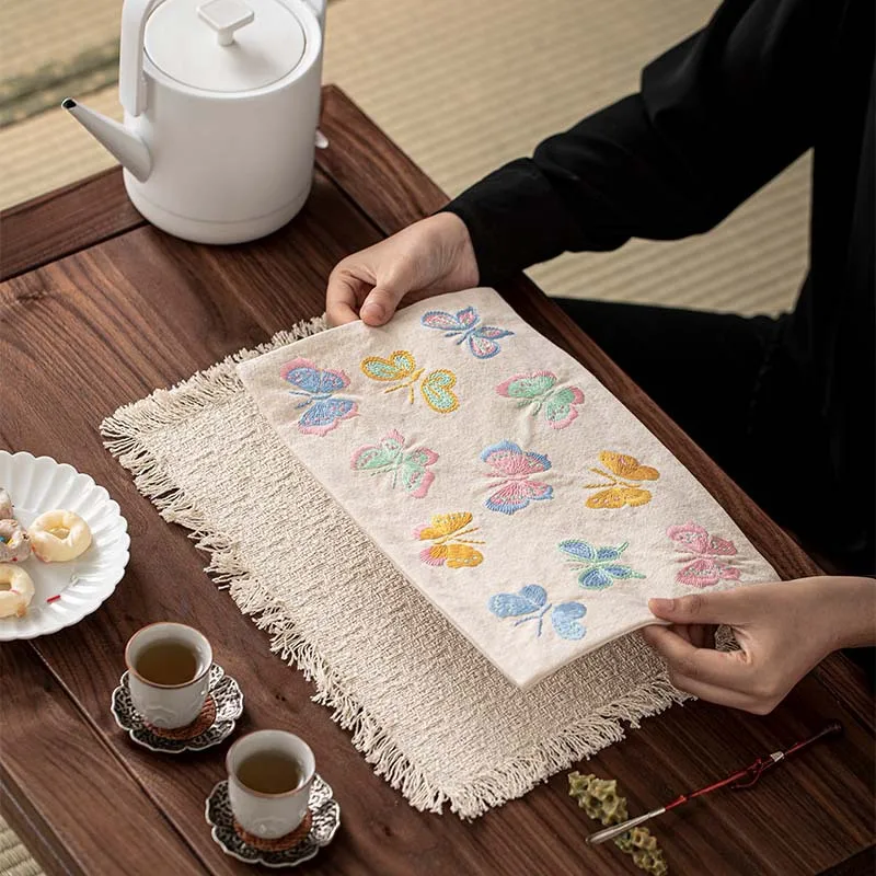 New Chinese Style Embroidery Tea Mat Teapot Heat Insulation Pad Butterfly Tea Mat Tassel Dry Brewing Mat Tea Pad Table Daily Use