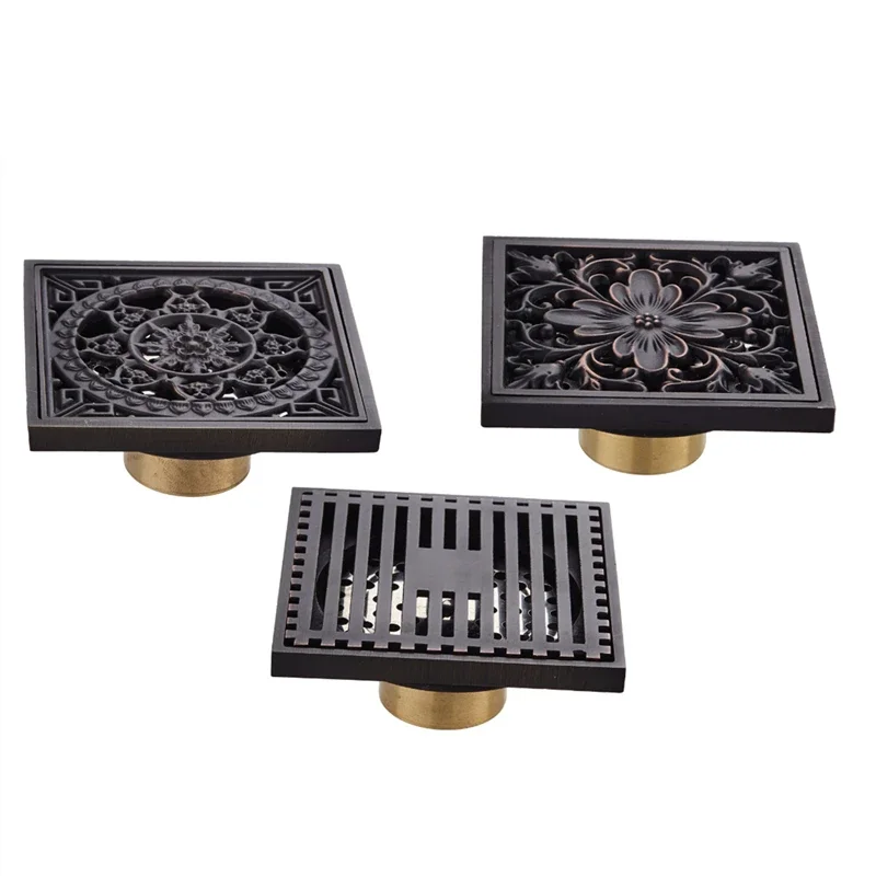 

Black Floor Drain 10X10 cm Square Brass Shower Drain Strainer Floor Cover Art Carved Balcony Bathroom Accessories Grate Waste