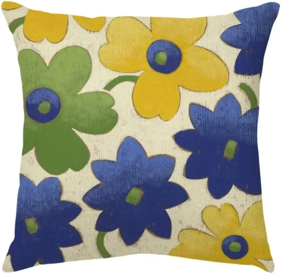 Yellow Throw Pillowcase Decorative Sofa Green and Blue Flower Pillowcase Sofa Bedroom Linen Decoration Cushion Cover