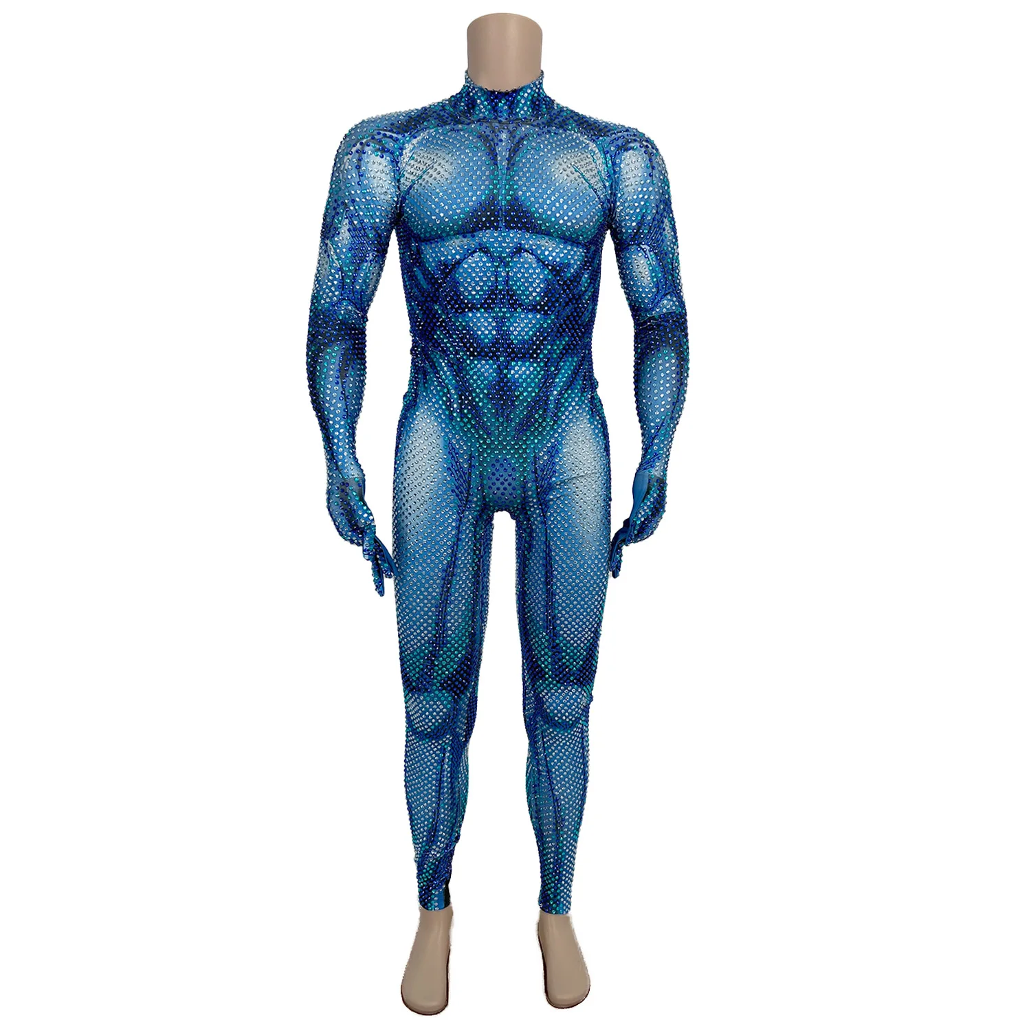 

Juren Muscle Men's Jmpsuit Shiny Blue Full Diamond High Neck Tight Pants with Gloves Themed Dance Party Nightclub Club Outfit
