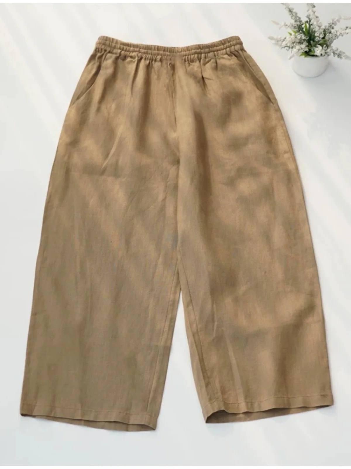 Comodi pantaloni larghi a sette piedi a gamba larga Pantaloni estivi da donna Faion Artistico in puro lino elastico in vita con taglio dritto