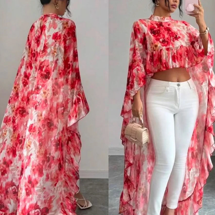 Women's 2026 Autumn Random Elegant Irregular Print Long Shirt Top Beach Clothes Chiffon Cape Blouse High Neck Ruffle Hem Long