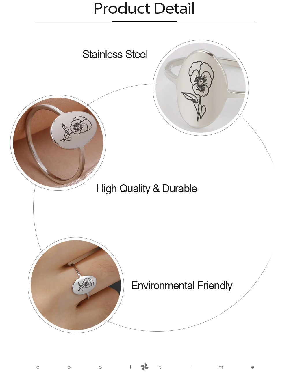 COOLTIME Blumenringe zum 12. Geburtsmonat für Frauen, Edelstahl, oval, Siegel, ästhetische Ringe, Schmuck, Freund, Liebhaber, Geburtstagsgeschenk – Detail 6