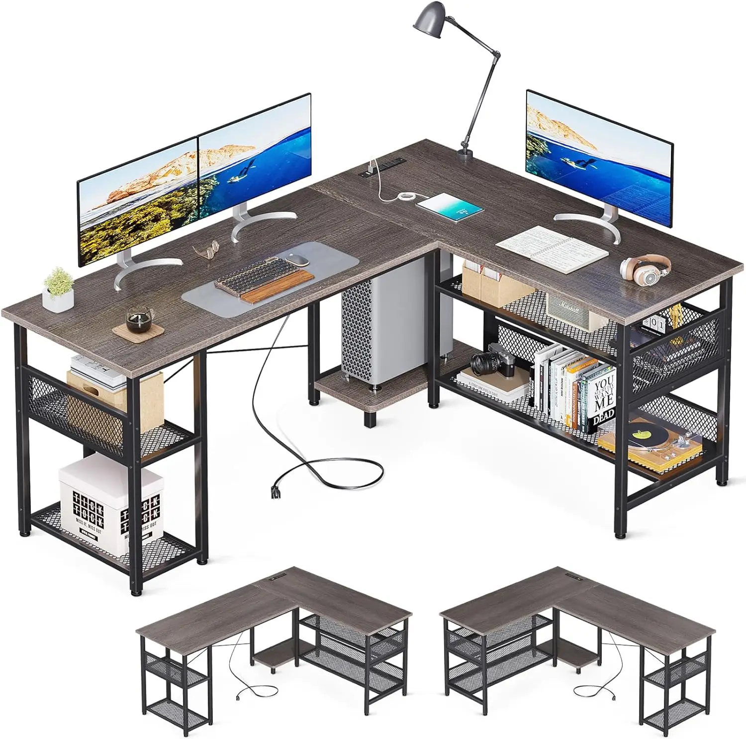 

ODK 59" L Shaped Desk with Power Outlet and USB Charging Ports, Reversible L Shaped Computer Desk with Storage Shelves, Home