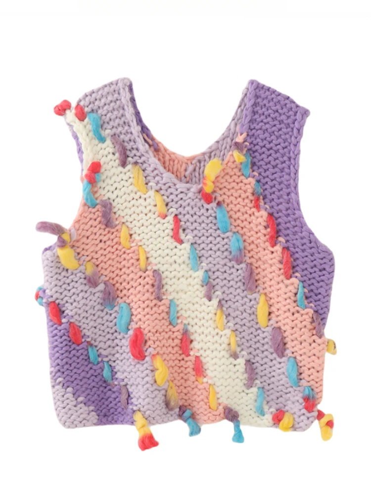 Hand-Knitted Vest in Multi Color Chunky Stick Needle Crochet Stripe Colorblocking Sleeveless Sweater Top Jumper Women Knitwear