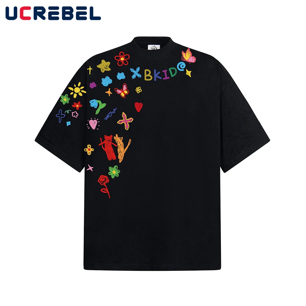 Graffiti Print Short Sleeve T-shirt Mens Creative Cartoon Summer High Street Half-Sleeve Crew Neck Cotton Tee Men Tshirt