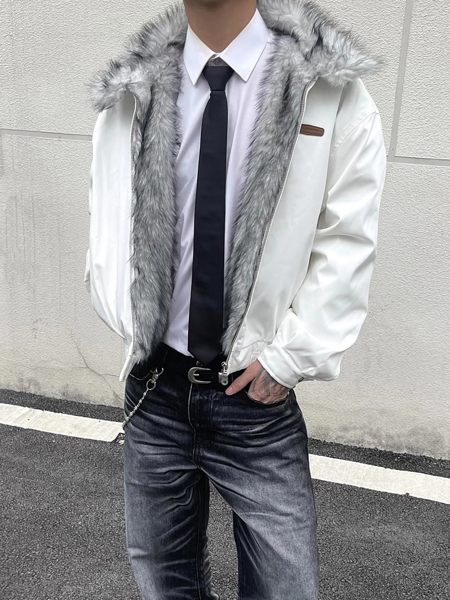 

Winter American Sle Men's Loose Casual Cotton Jaet with Fur Collar ort Wide Workwear Coat Warm Thi Long Sve Zipper