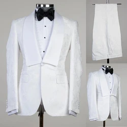 Modern Wedding Men Suits Tuxedos Groom Wear White Print Formal Suit Custom Size Shawl Lapel Single Breasted 2 Pieces Blazer+Pant