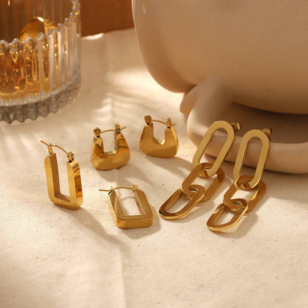Hot Selling 18k Gold Plated Jewelry Stainless Steel Paperclip U Shape Link Stud Earrings Square Geometric Hoop Earring