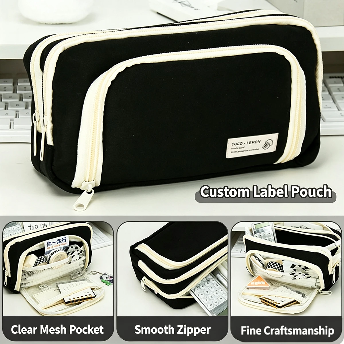 `Multi‑Layer Canvas Pencil Case, Large Capacity Pen Pouch with Mesh Pocket, Durable Zipper Stationery Bag for Teen Students Scho
