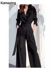 Women Autumn New Elegant Long Sleeve Vintage Lapel Wide Leg Jumpsuit with Sashes Office Lady Casual Slim All Black Clothing