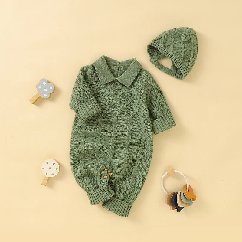 Newborn Boys Turtle Neck Long Sleeves Jumpsuits Hats Outfits Sets Winter Infant Outwear Playsuits 0-18m Autumn Baby Rompers Knit